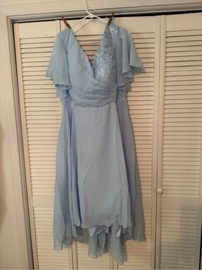 Light Blue V-Neck Chiffon Wedding Guest Dress with Lace Bodice